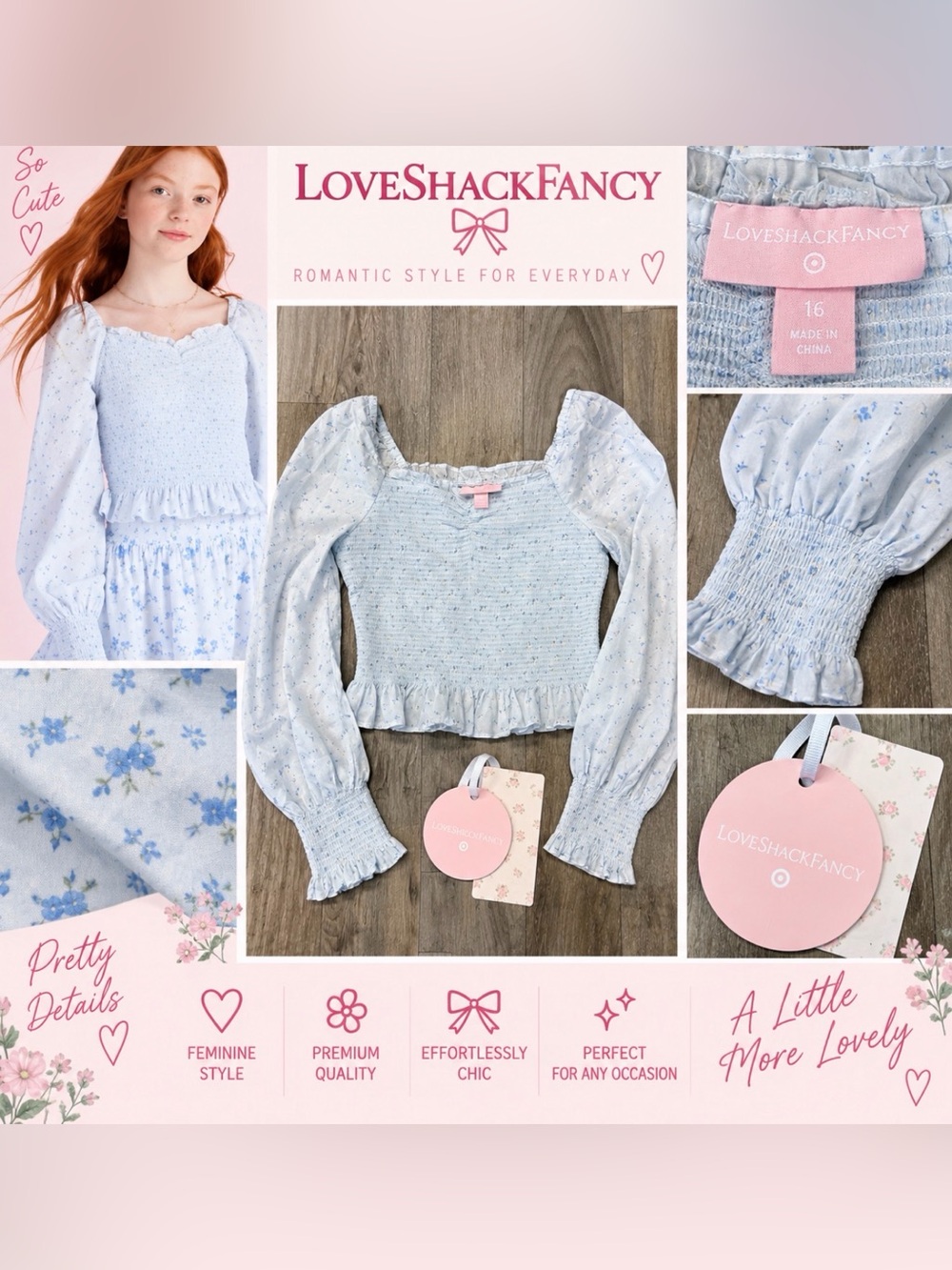 LoveShackFancy Women's Light Blue Floral Smocked Peasant Top